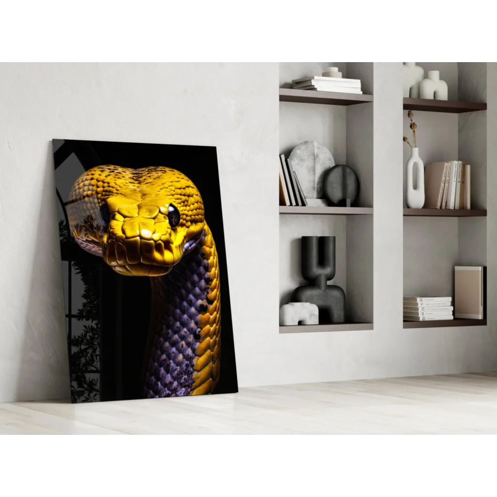 Golden-yellow snake with purple scales in glass wall art panel