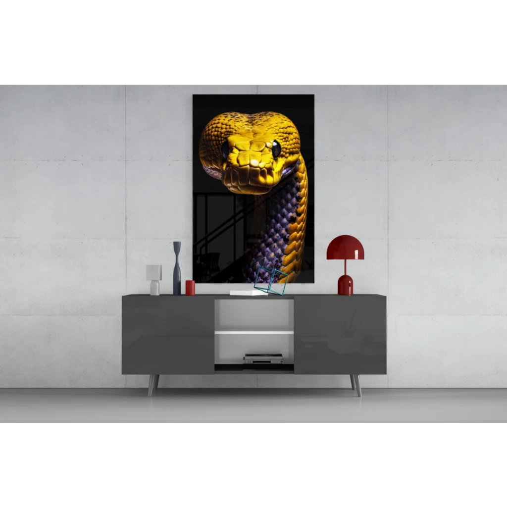 Vibrant yellow and purple python glass wall art panel on black background