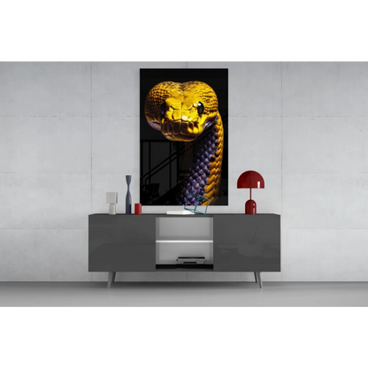 Vibrant yellow and purple python glass wall art panel on black background