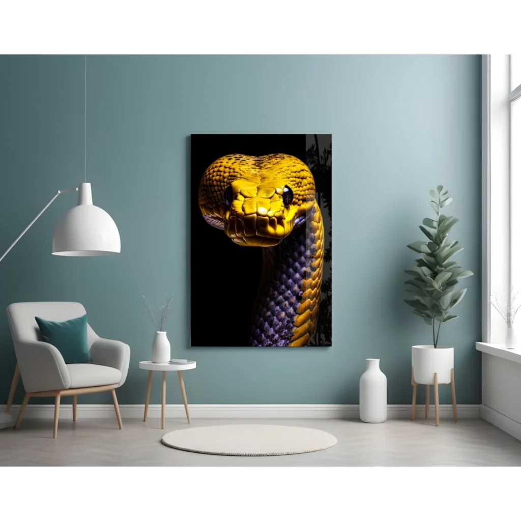 Stunning purple and gold snake glass wall art panel close-up