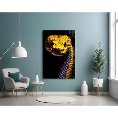 Stunning purple and gold snake glass wall art panel close-up