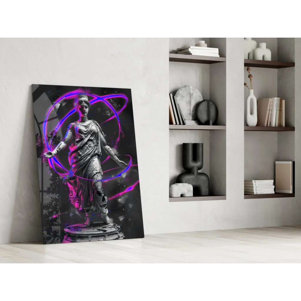 Stunning purple neon statue glass wall art with silver swirls