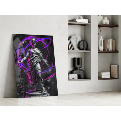 Stunning purple neon statue glass wall art with silver swirls