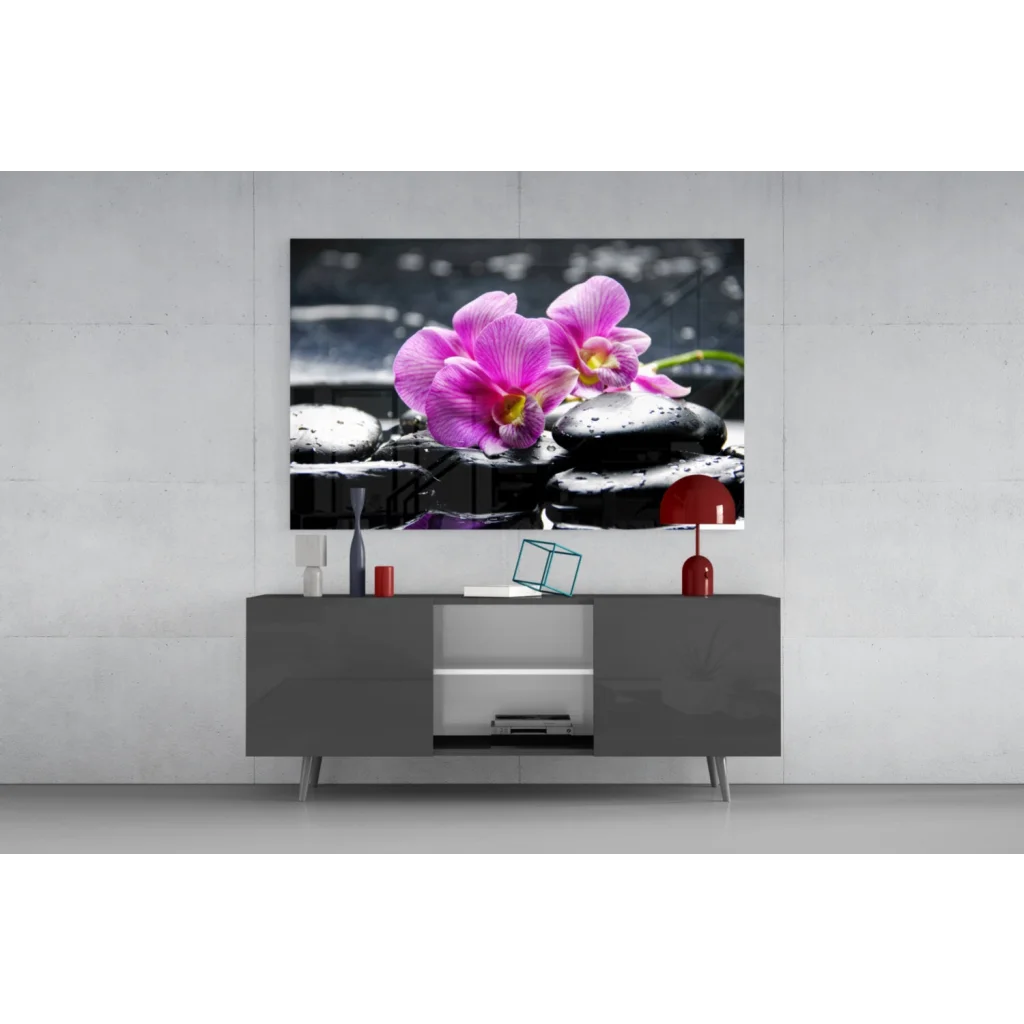 Stunning Purple Orchid Glass Wall Art on Black Stones in 4K UHD
