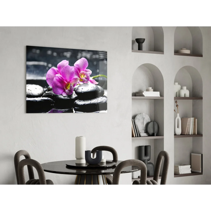 Black and white zen stones with purple orchid glass wall art