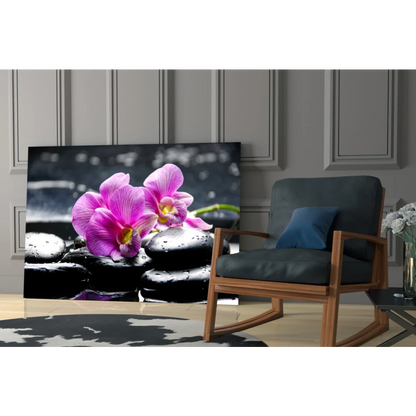 Stunning purple orchid glass wall art on black stones with water droplets