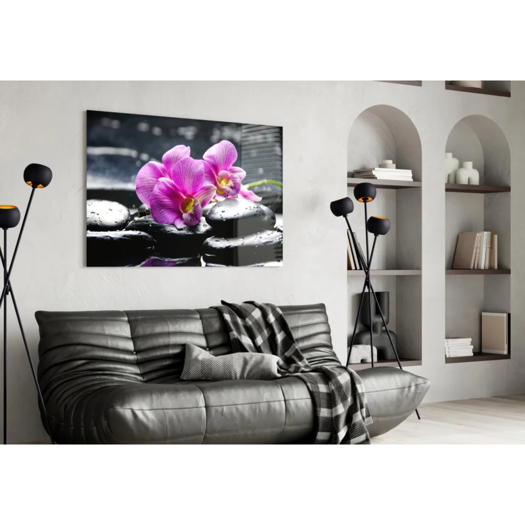 Stunning purple orchid glass wall art on black zen stones