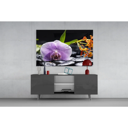Samsung QLED TV with vibrant purple orchid glass wall art