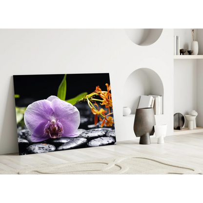 Stunning purple orchid glass wall art with zen pebbles
