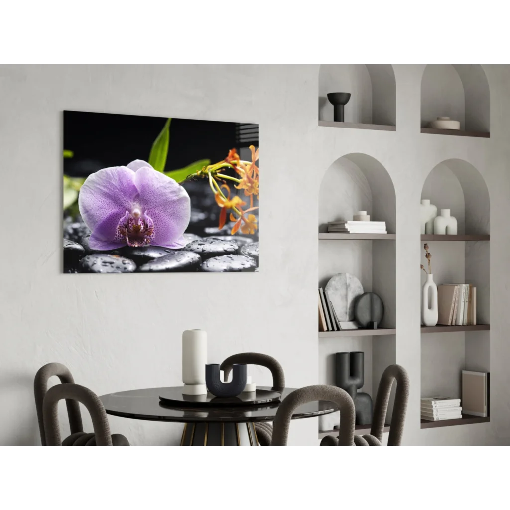 Stunning purple orchid glass wall art with zen pebbles and bamboo