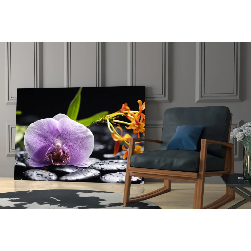 Stunning purple orchid glass wall art with zen pebbles