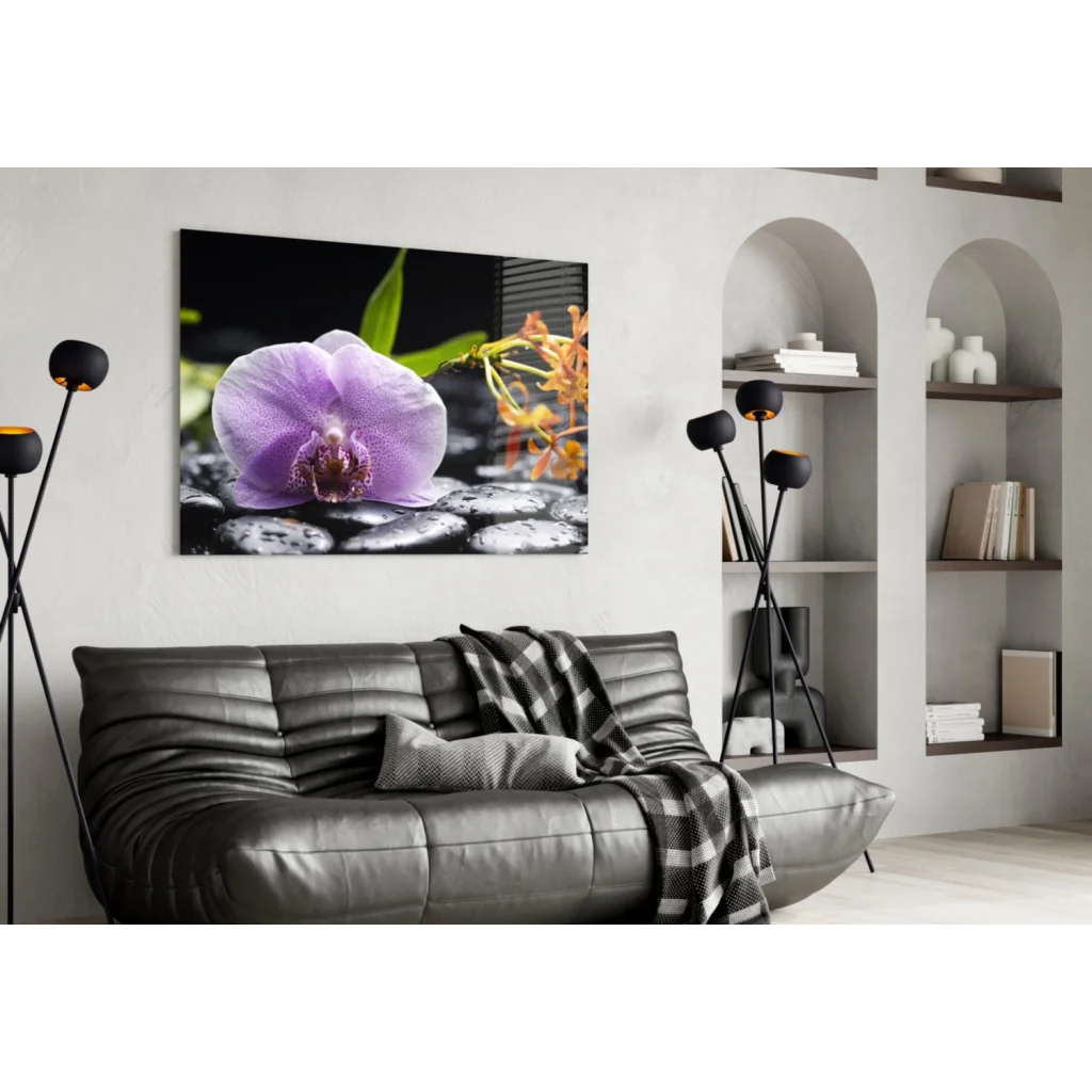 Stunning purple orchid glass wall art with zen pebbles background