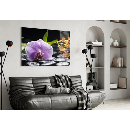 Stunning purple orchid glass wall art with zen pebbles background