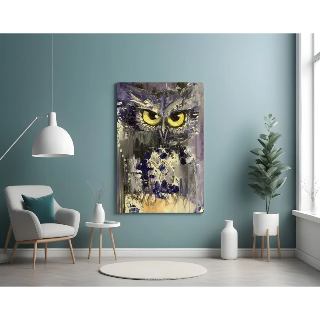 Stunning purple owl glass wall art with piercing yellow eyes