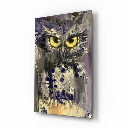 Stunning purple owl glass wall art with piercing yellow eyes