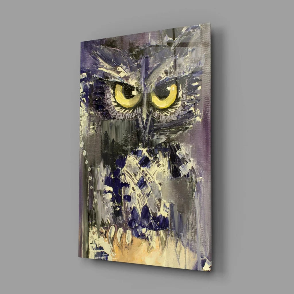 Stunning purple owl glass wall art with piercing yellow eyes