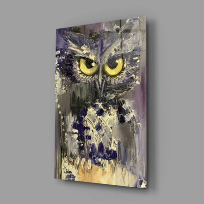 Stunning purple owl glass wall art with piercing yellow eyes