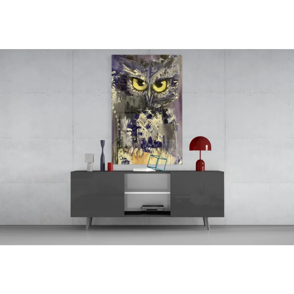Stunning purple owl glass wall art with piercing yellow eyes