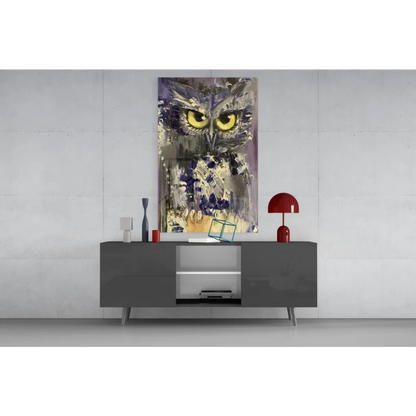 Stunning purple owl glass wall art with piercing yellow eyes