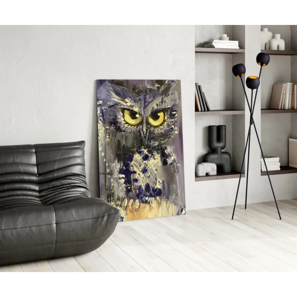 Stunning purple owl glass wall art with piercing yellow eyes