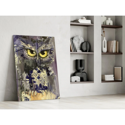 Stunning purple owl glass wall art with piercing yellow eyes