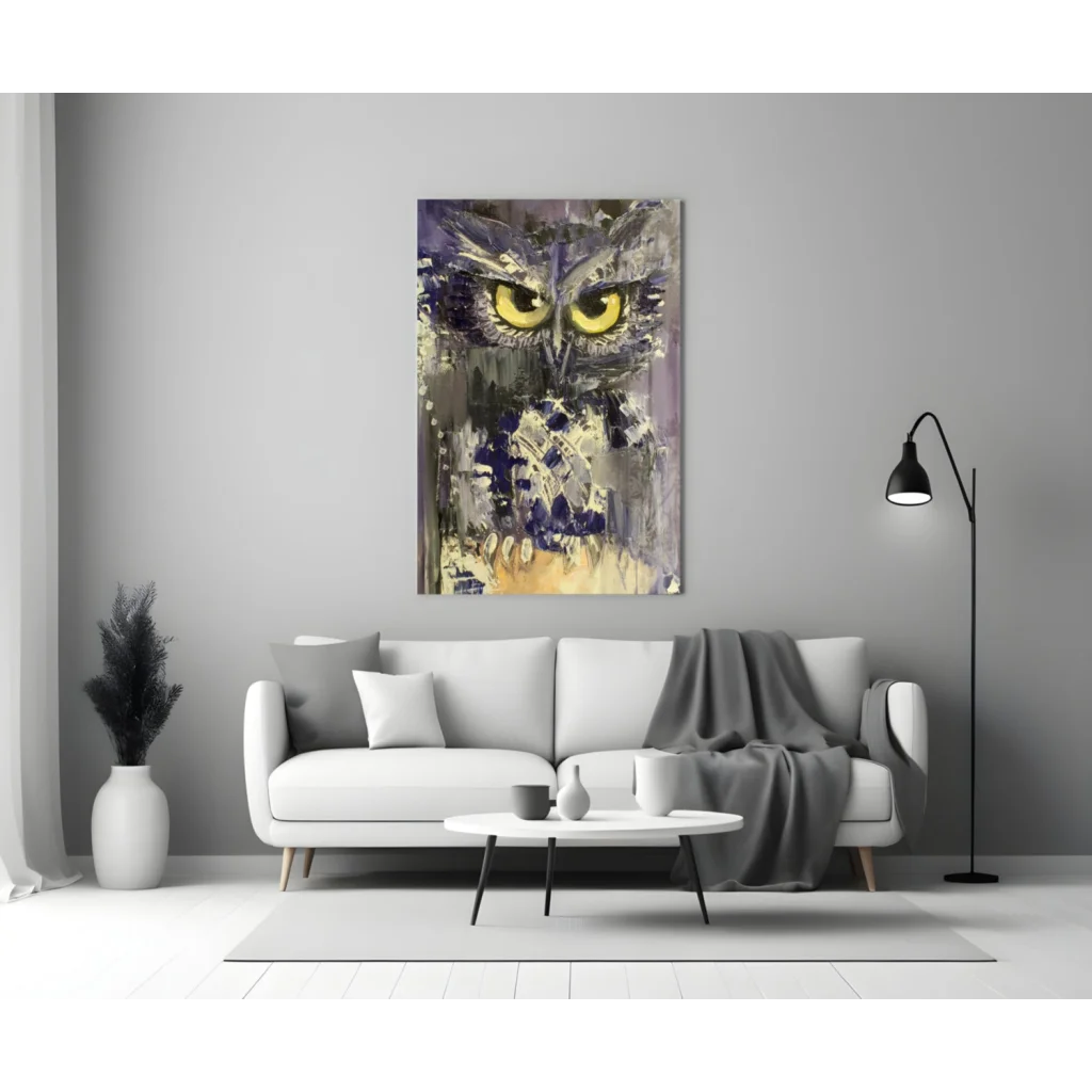 Stunning purple owl glass wall art with piercing yellow eyes