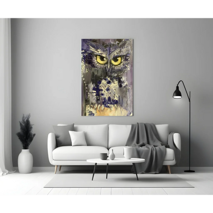 Stunning purple owl glass wall art with piercing yellow eyes