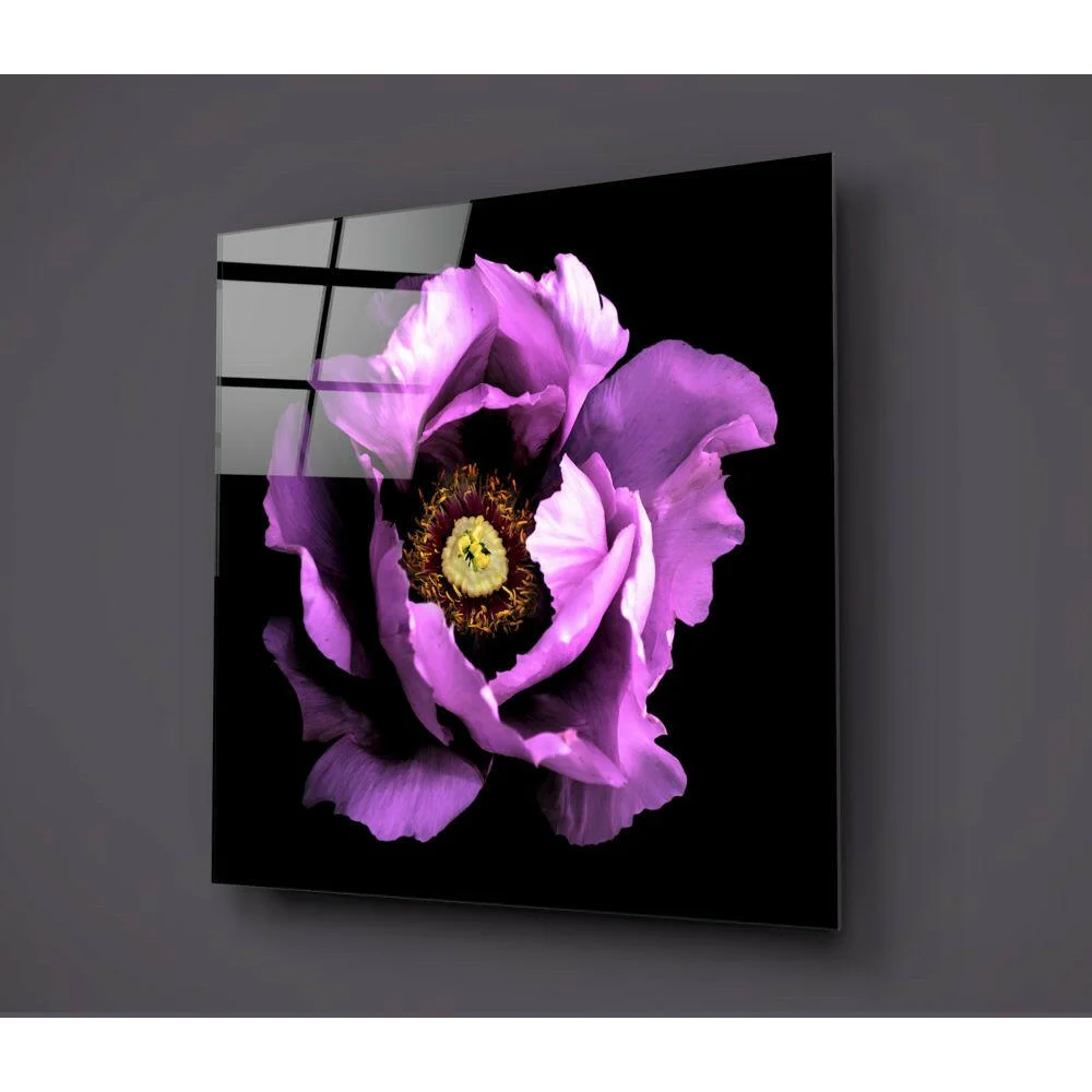 Vibrant purple peony glass wall art on sleek black panel