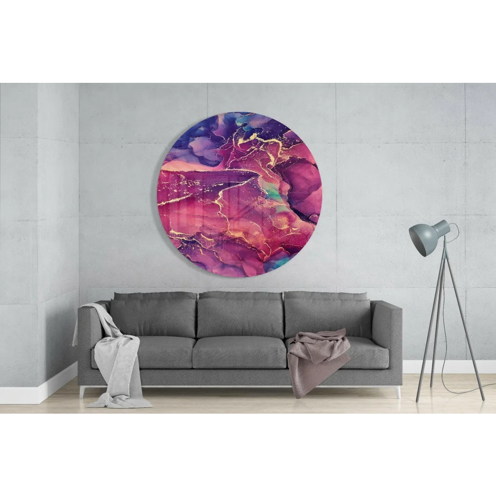 Stunning purple pink marble tempered glass art with gold accents