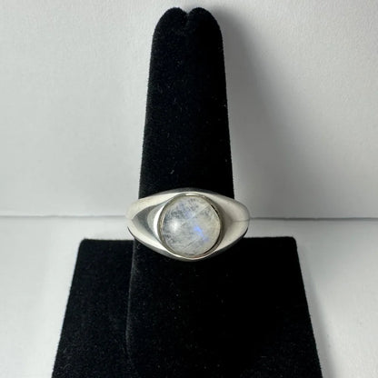 Sleek silver moonstone ring with oval rainbow gem in minimalist band