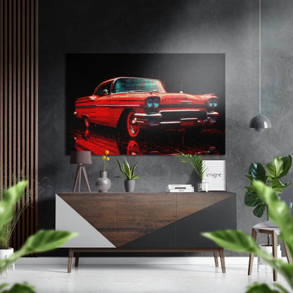 Vibrant red pixelated 1950s Chevrolet Bel Air on brushed aluminium dibond