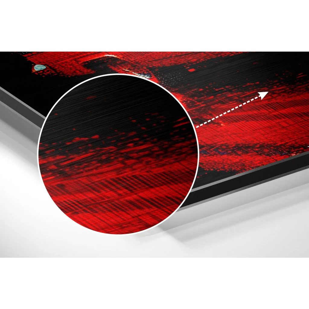 Sleek black and red abstract art on brushed aluminium dibond