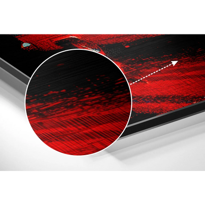 Sleek black and red abstract art on brushed aluminium dibond