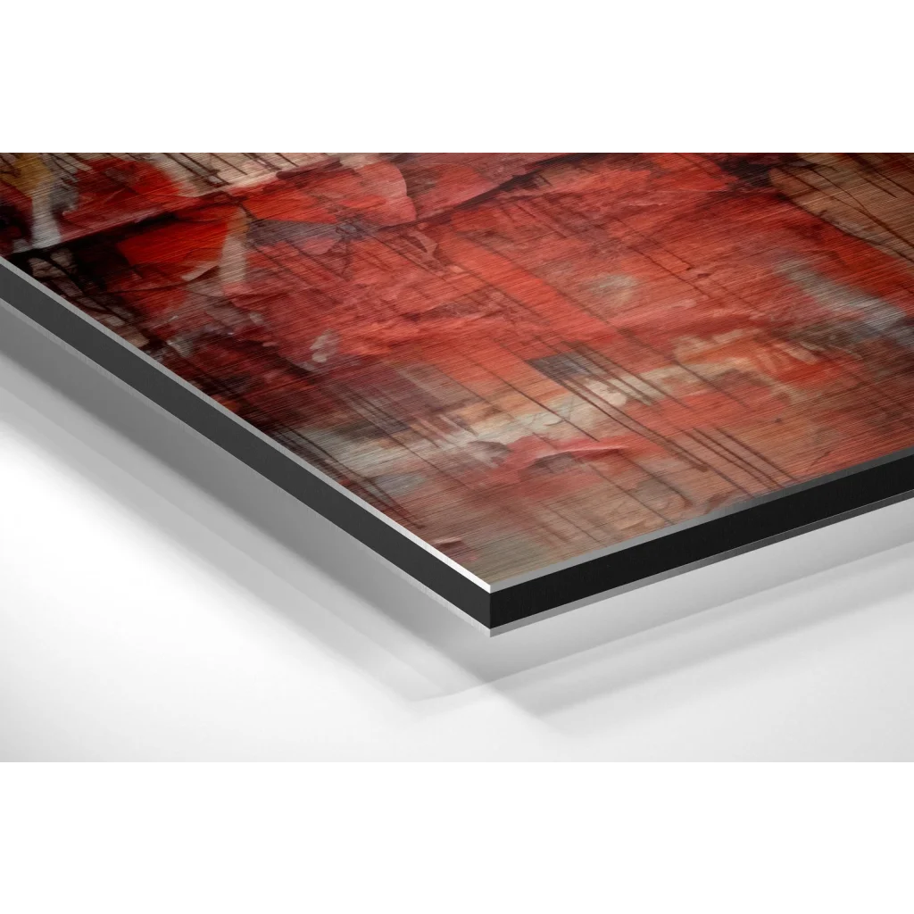 Red abstract fighter art on sleek black-framed brushed aluminium dibond