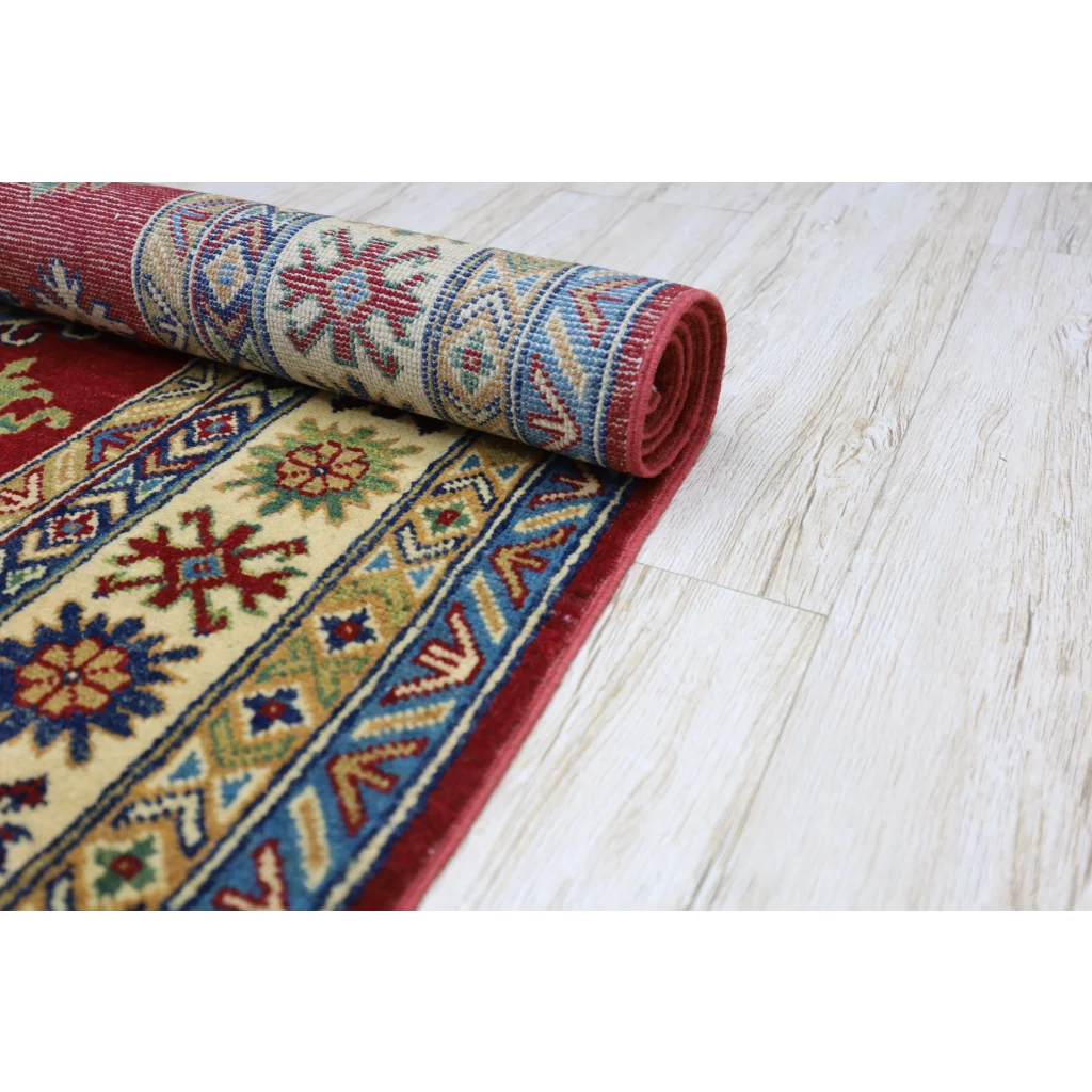 Stunning red Afghan Kazak rug with cotton foundation, intricate patterns