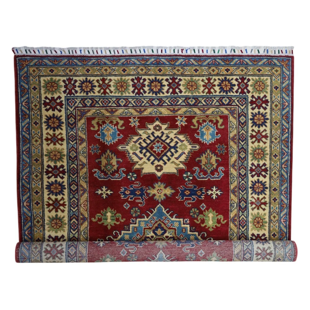 Stunning red Afghan Kazak rug with cotton foundation and intricate motifs