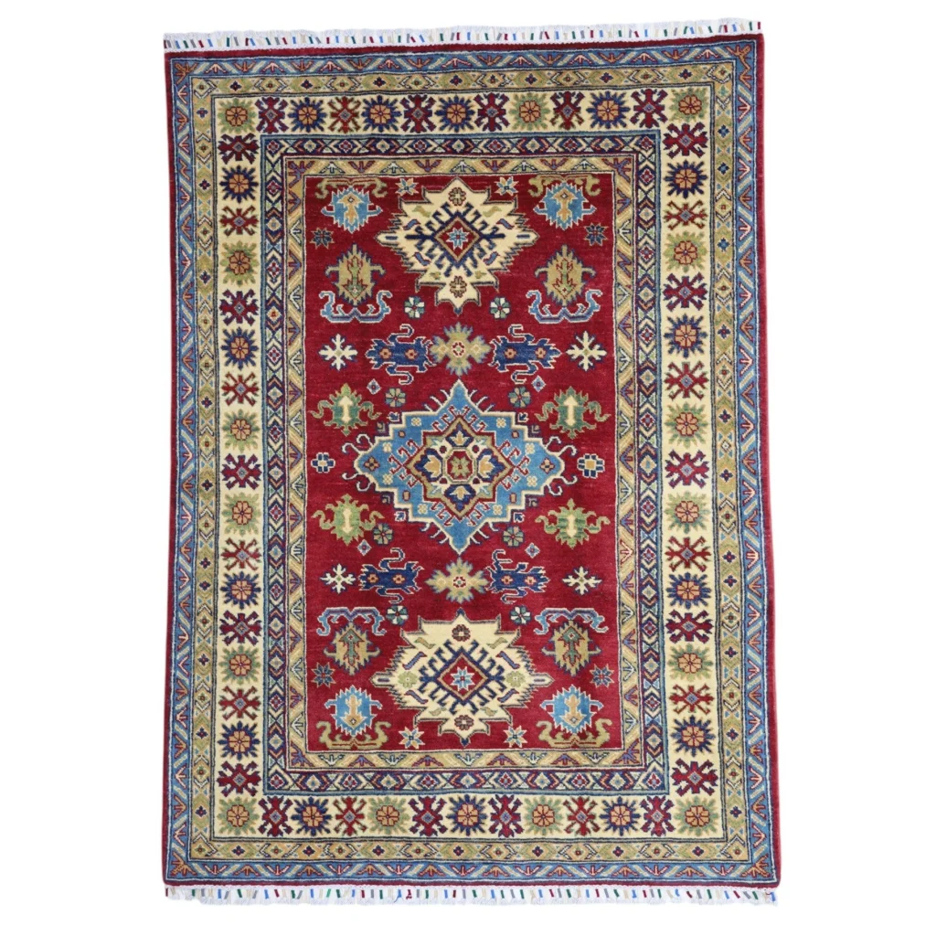Stunning red Afghan Kazak rug with cotton foundation and intricate patterns