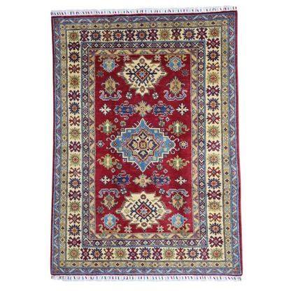 Stunning red Afghan Kazak rug with cotton foundation and intricate patterns