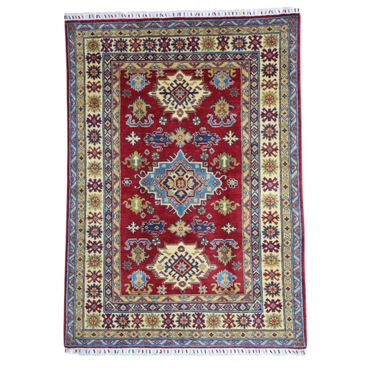 Stunning red Afghan Kazak rug with cotton foundation and intricate patterns