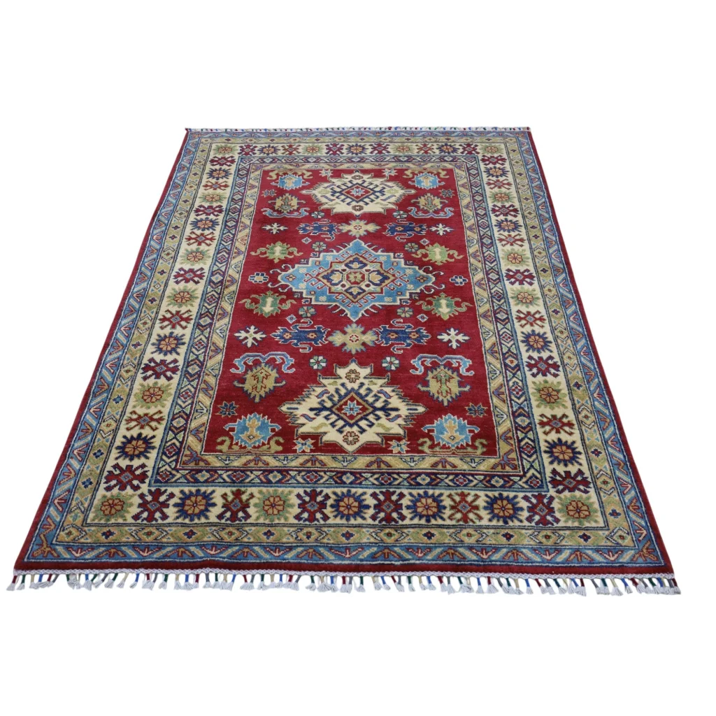 Stunning red Afghan Kazak rug with cotton foundation and intricate patterns