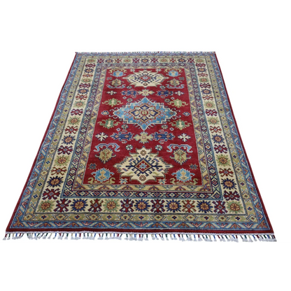 Stunning red Afghan Kazak rug with cotton foundation and intricate patterns