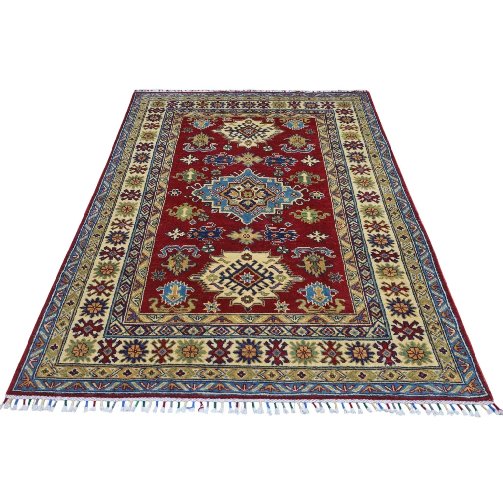 Stunning red Afghan Kazak rug with cotton foundation and intricate patterns