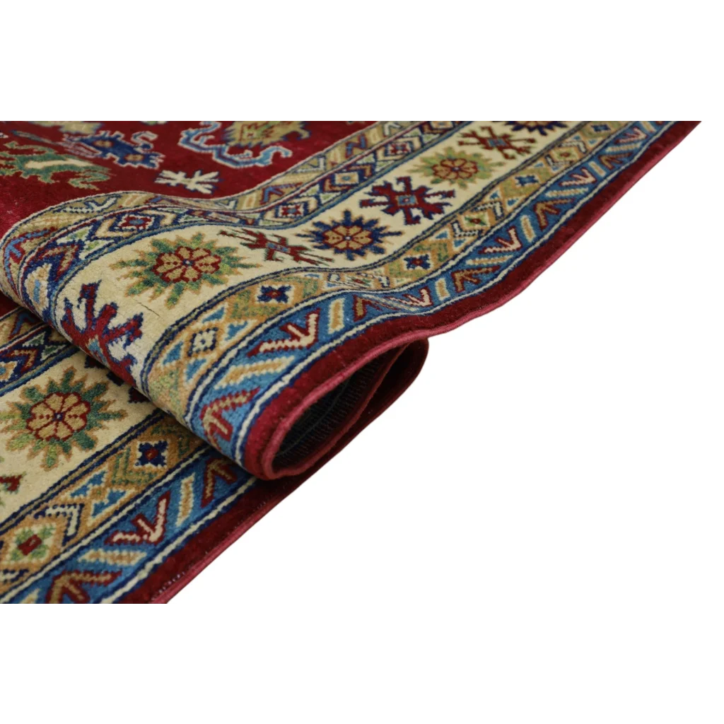 Stunning red Afghan Kazak rug in burgundy, cream with floral patterns, cotton foundation