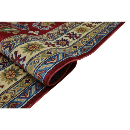 Stunning red Afghan Kazak rug in burgundy, cream with floral patterns, cotton foundation