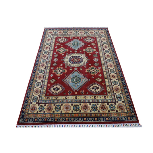Stunning red Afghan Kazak rug with cotton foundation and intricate patterns
