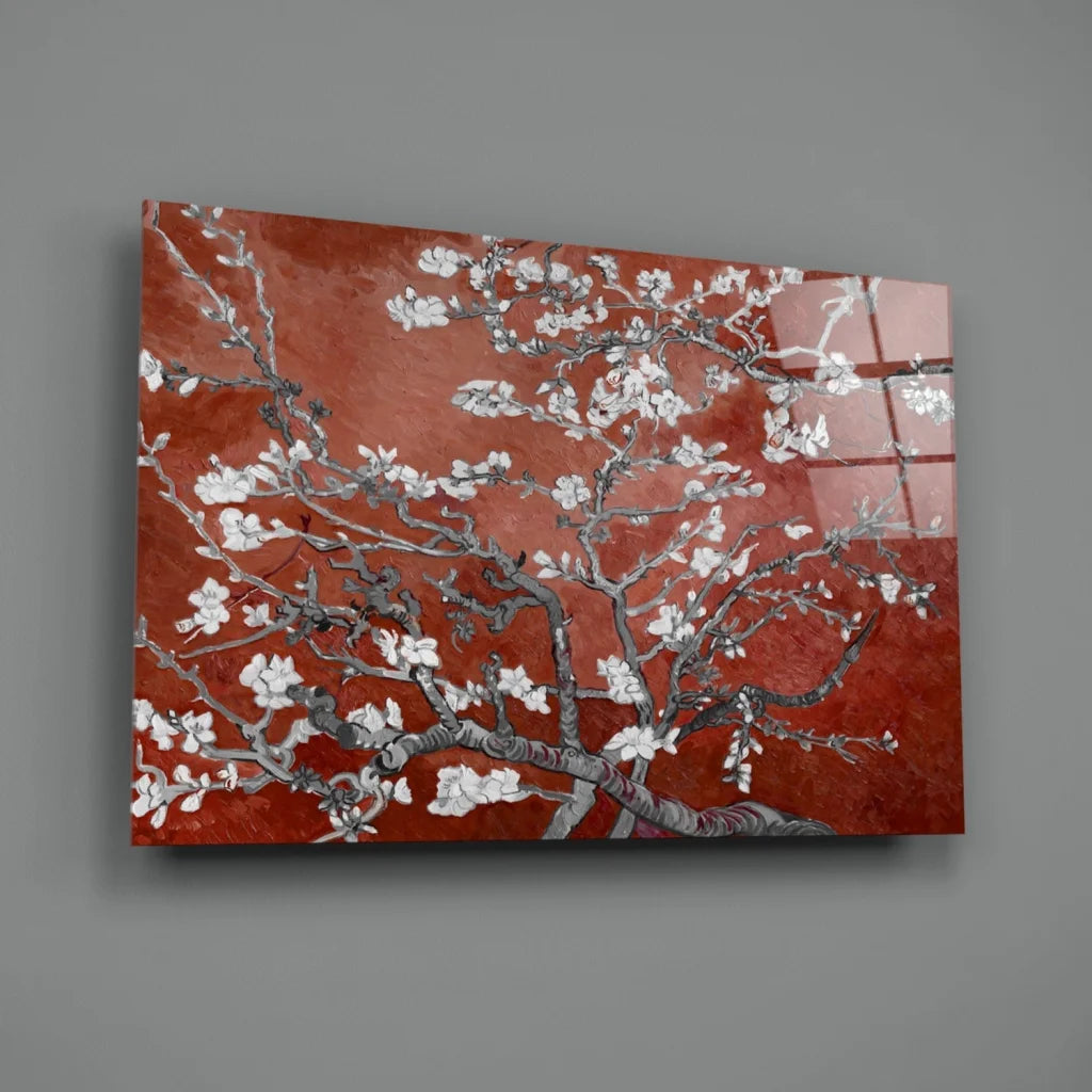 Stunning red almond blossom wall art with white flowers and textured surface