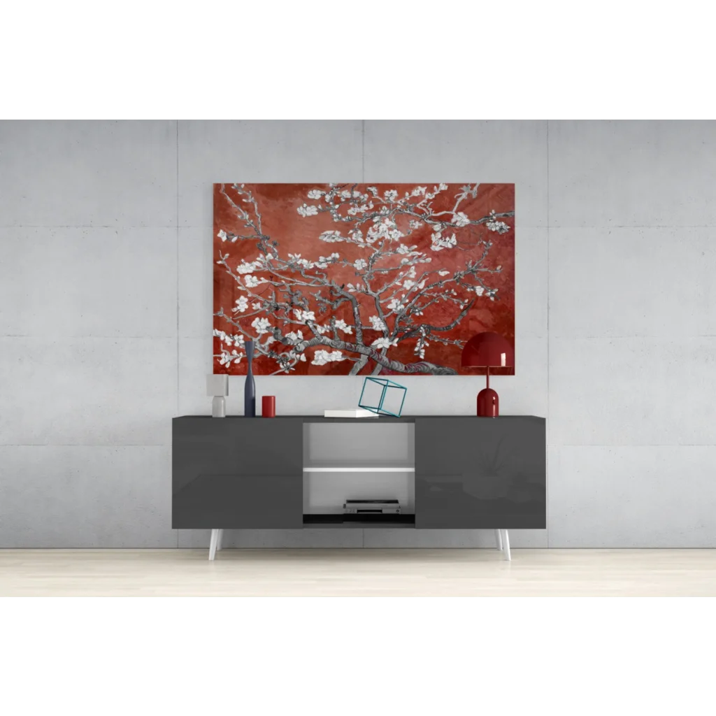 Modern gray lacquered sideboard with white legs under stunning red almond blossom wall art