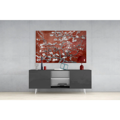 Modern gray lacquered sideboard with white legs under stunning red almond blossom wall art