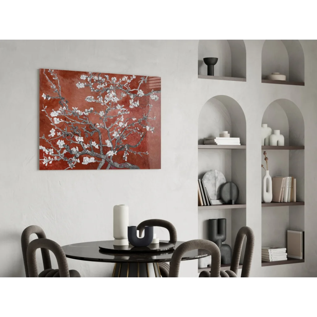 Red cherry blossom canvas wall art with white flowers and gray branches