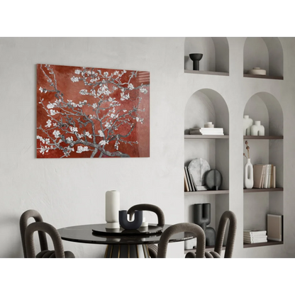 Red cherry blossom canvas wall art with white flowers and gray branches
